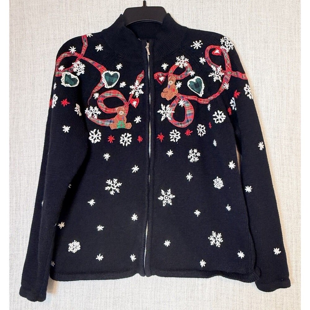 Vtg Erika Christmas Cardigan Sweater Sz M Black Zip Embroidered Bears Teacher